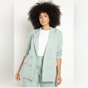 Eloqui Plus Size Double Breasted Longline blue Blazer With Shawl Collar size 22